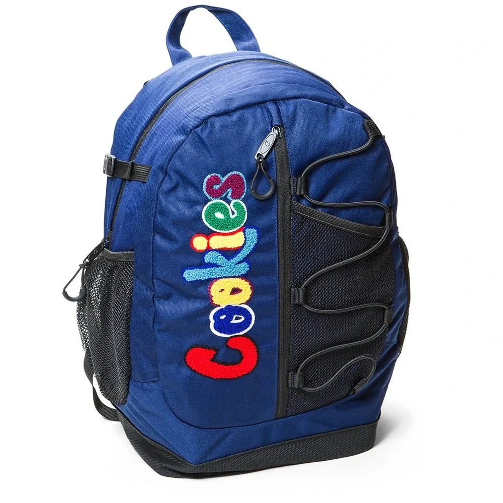 Cookies SF Blue Backpack Rainbow Chenille Logo Padded Bungee Streetwear Bag NWT